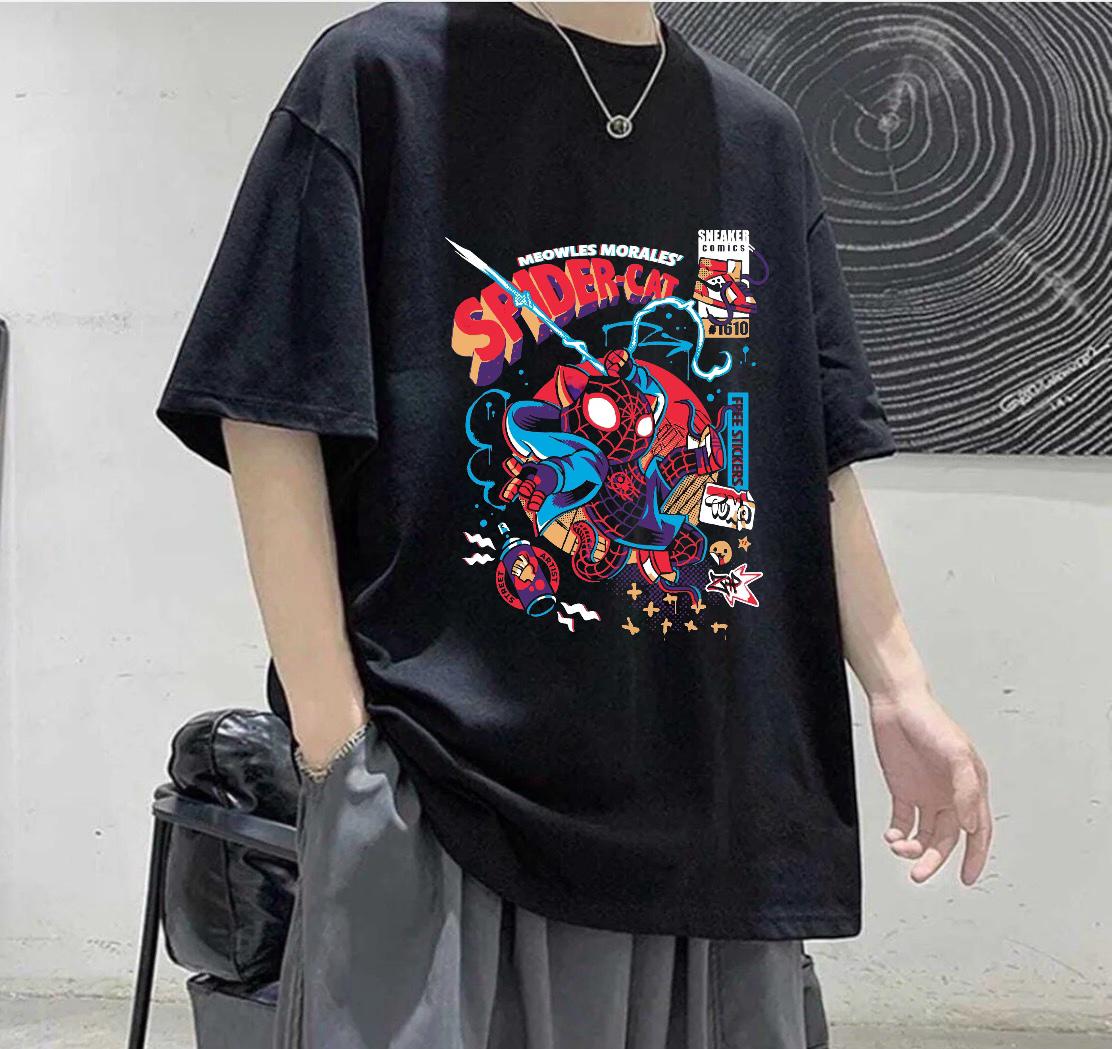 Spirder Cat Baskılı Siyah T-Shirt