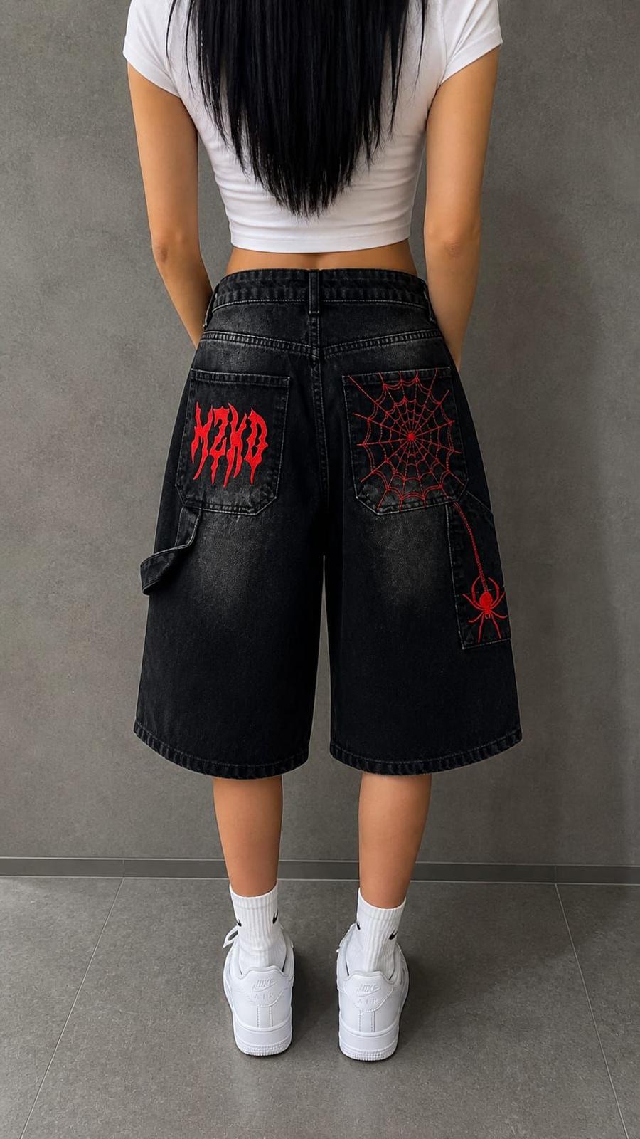 Y2K Nakışlı Baggy Jean Porto Capri Kırmızı