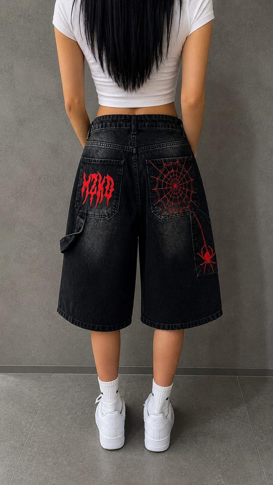 Y2K Nakışlı Baggy Jean Porto Capri Kırmızı