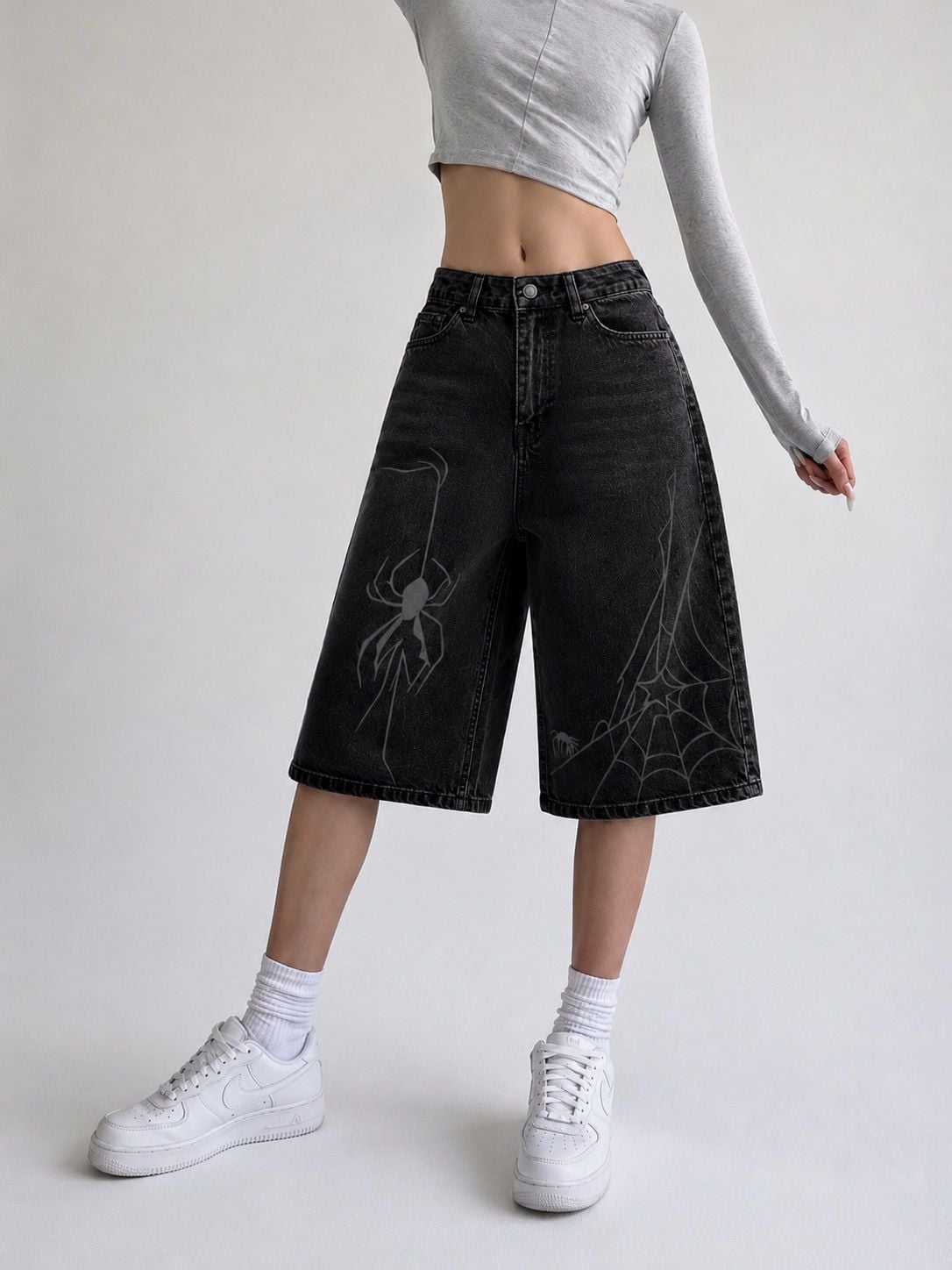 Y2K Spider Nakışlı Baggy Jean Siyah
