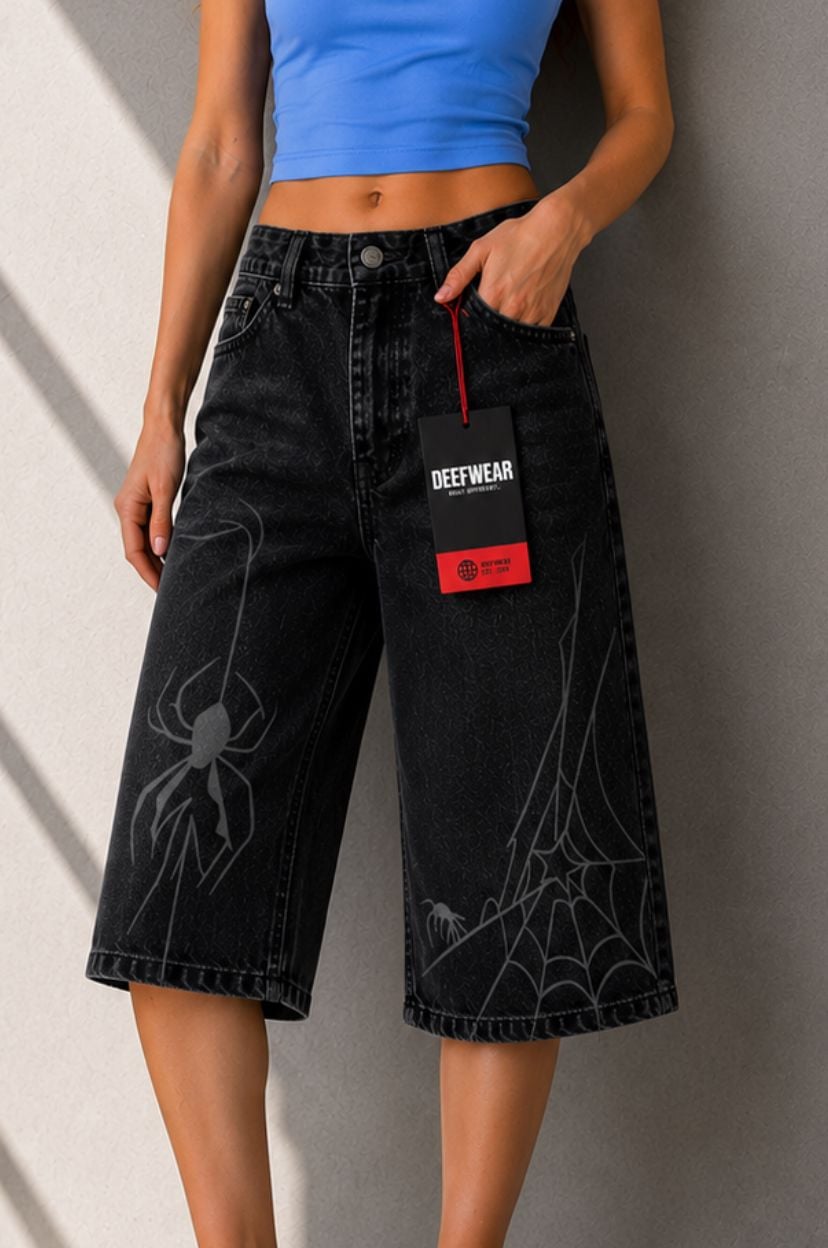 Y2K Spider Nakışlı Baggy Jean Siyah