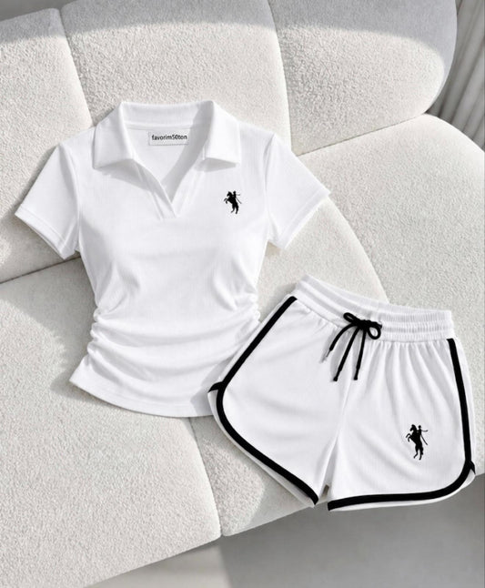 Beyaz Fit Polo Yaka Şort Takım(Ön Sipariş-20 Temmuz Tarihinde Kargolanacak)