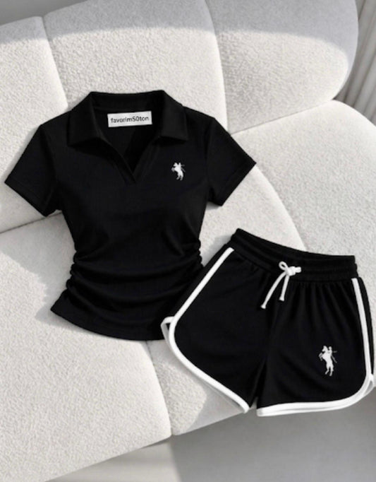 Siyah Fit Polo Yaka Şort Takım(Ön Sipariş-20 Temmuz Tarihinde Kargolanacak)