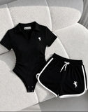 Siyah Fit Polo Yaka Bodysuıt Şort Takım(Ön Sipariş-20 Temmuz Tarihinde Kargolanacak)