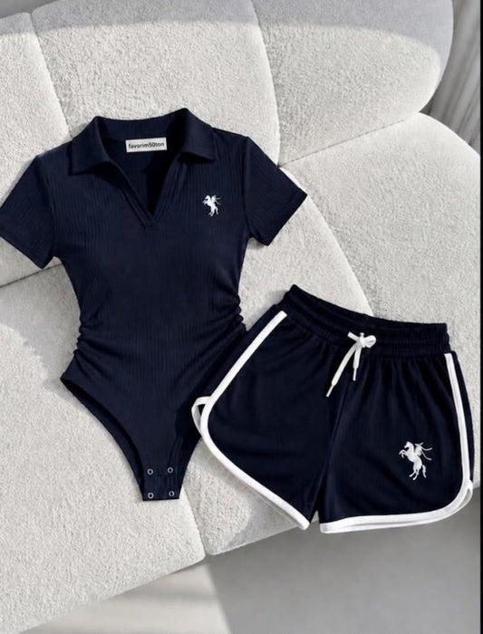 Lacivert Fit Polo Yaka Bodysuıt Şort Takım(Ön Sipariş-20 Temmuz Tarihinde Kargolanacak)