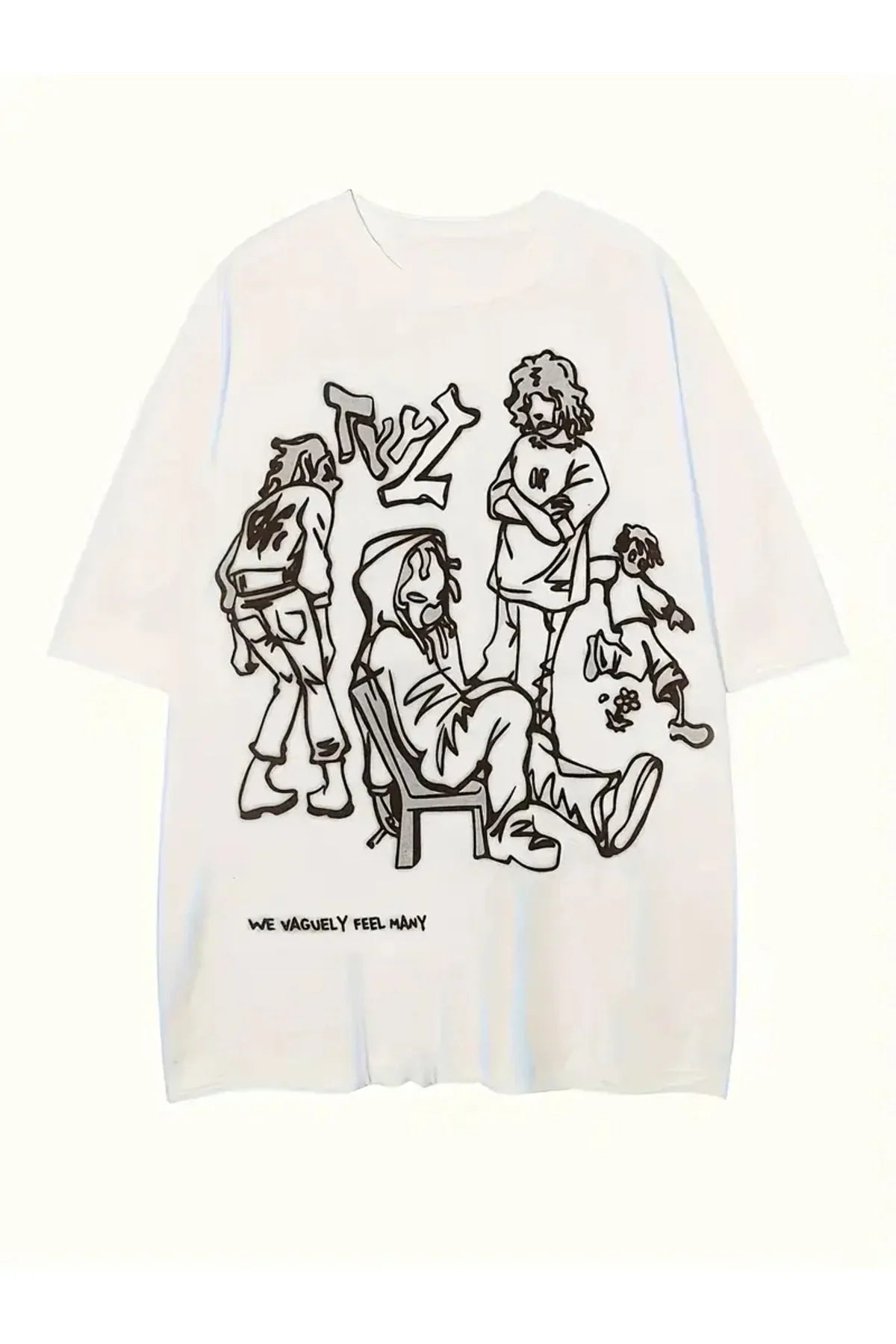Y2K Retro People Baskılı Unisex Oversize Beyaz T-Shirt