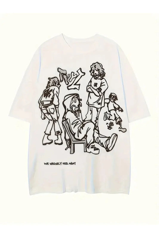 Y2K Retro People Baskılı Unisex Oversize Beyaz T-Shirt