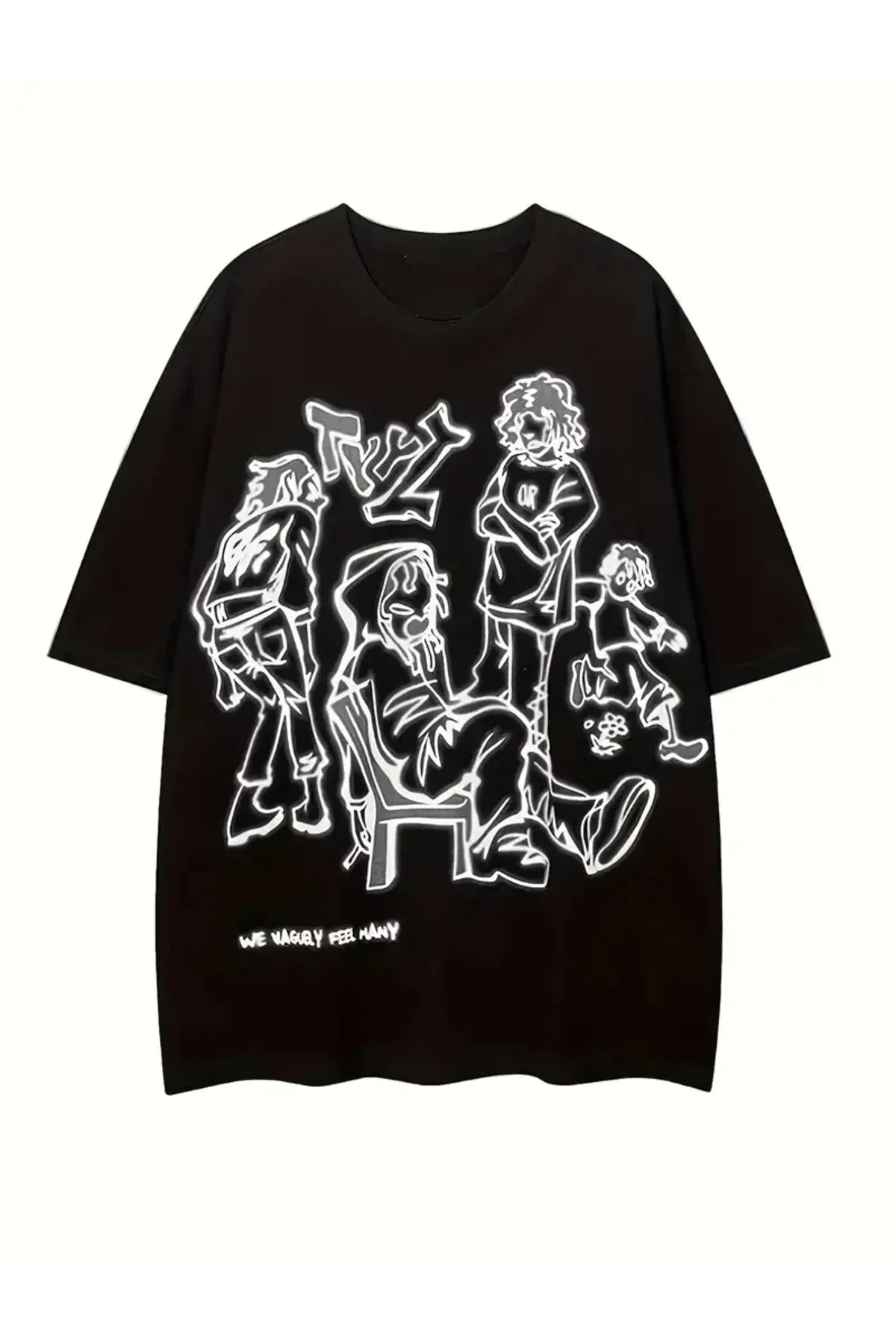 Y2K Retro People Baskılı Unisex Oversize Siyah T-Shirt