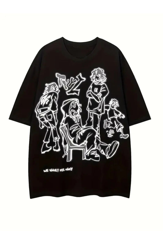 Y2K Retro People Baskılı Unisex Oversize Siyah T-Shirt
