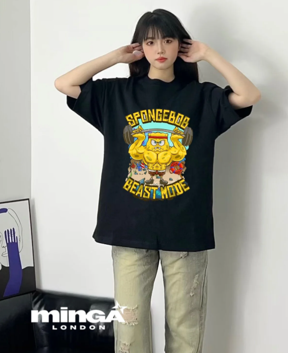 Unisex Strong Sungerbob Baskılı Bisiklet Yaka T-Shirt