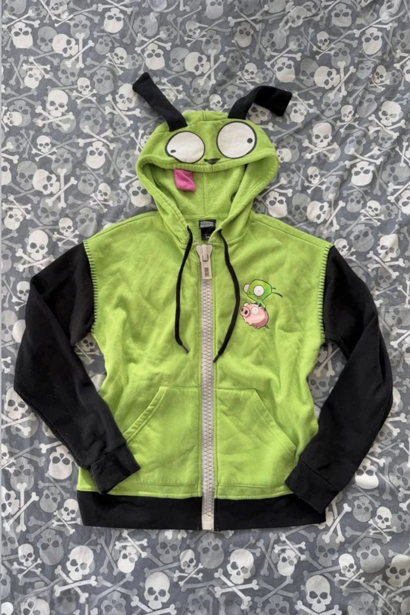 Yeşil Invader Zim Gir Kulaklı Y2K Unisex Hırka