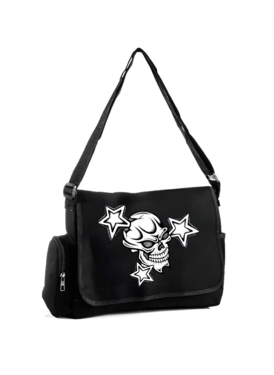 Siyah Skull Star Baskılı Postacı Çantası