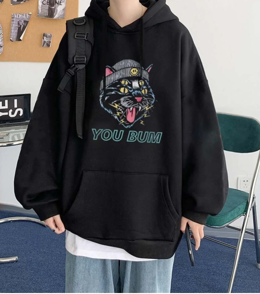 You Bum Cat Baskılı Oversize Fermuarlı Siyah Unisex Kapüşonlu Hırka